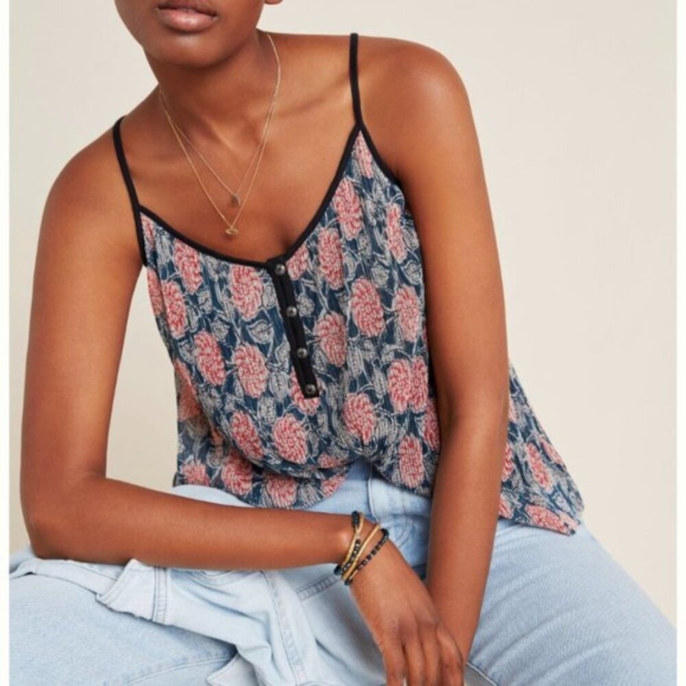 ANTHROPOLOGIE MAEVE TATI METALLIC PLEATED FLORAL SWING TANK